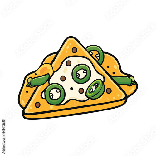 A detailed illustration of a delicious plate of nachos with cheese and jalapenos.
