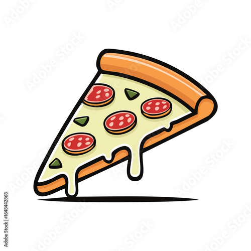 A delicious cartoon illustration of a pizza slice with pepperoni and melted cheese.