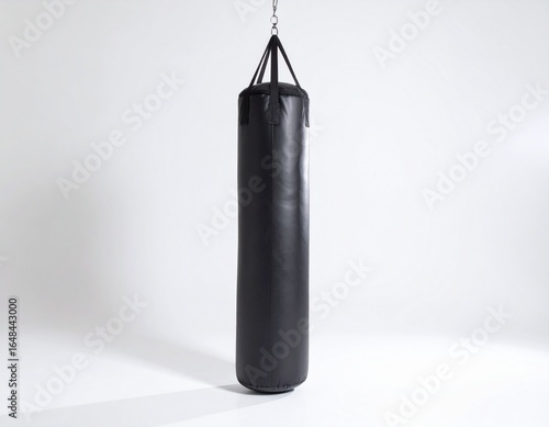 Studio Shot Black Leather Punching Bag Hanging from Chain Training Equipment