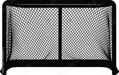 A hockey goal with net, a piece of sports equipment used in ice hockey and other similar games, often made of metal or plastic