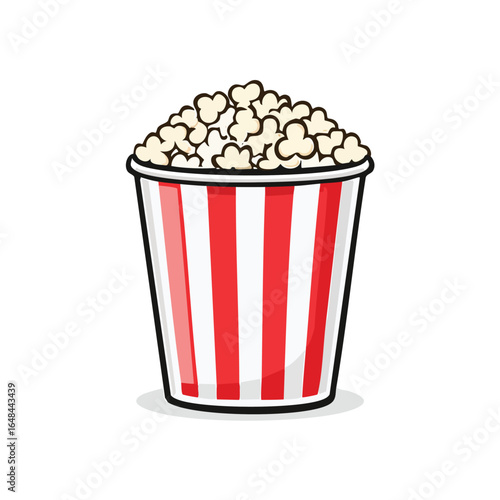 A detailed illustration of a classic red and white striped popcorn bucket filled with fluffy popcorn.