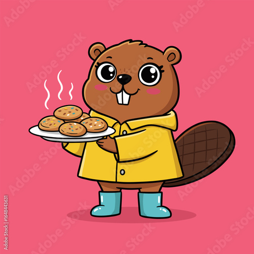 Cartoon beaver in yellow raincoat and blue boots holding a plate of steaming, sprinkle-topped cookies on a pink background.