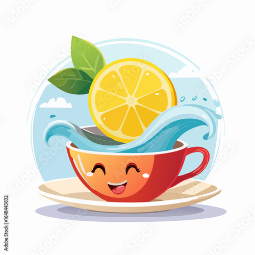 A cheerful cartoon teacup character smiling with a fresh lemon slice and a water splash. A cute and happy illustration of a healthy morning beverage.