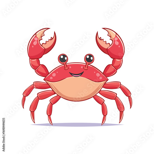 A cheerful cartoon crab with bright red coloring and large claws, smiling.