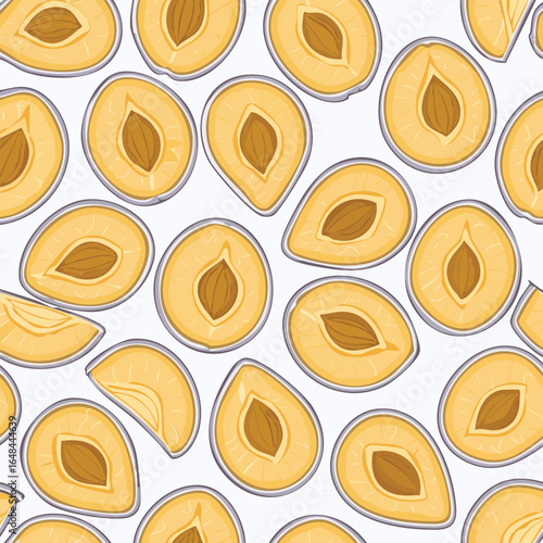 Seamless pattern featuring halved plums with visible seeds, arranged on a white background.