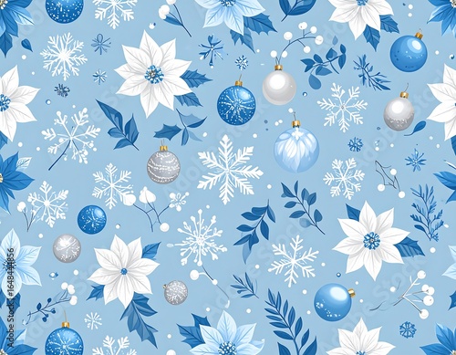 Seamless pattern of winter blooms, ornaments, and snowflakes on a light blue background