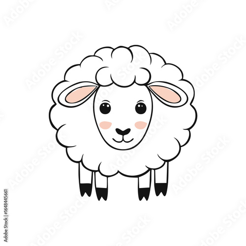 A charming cartoon illustration of a fluffy white sheep with a smiling face and adorable features.