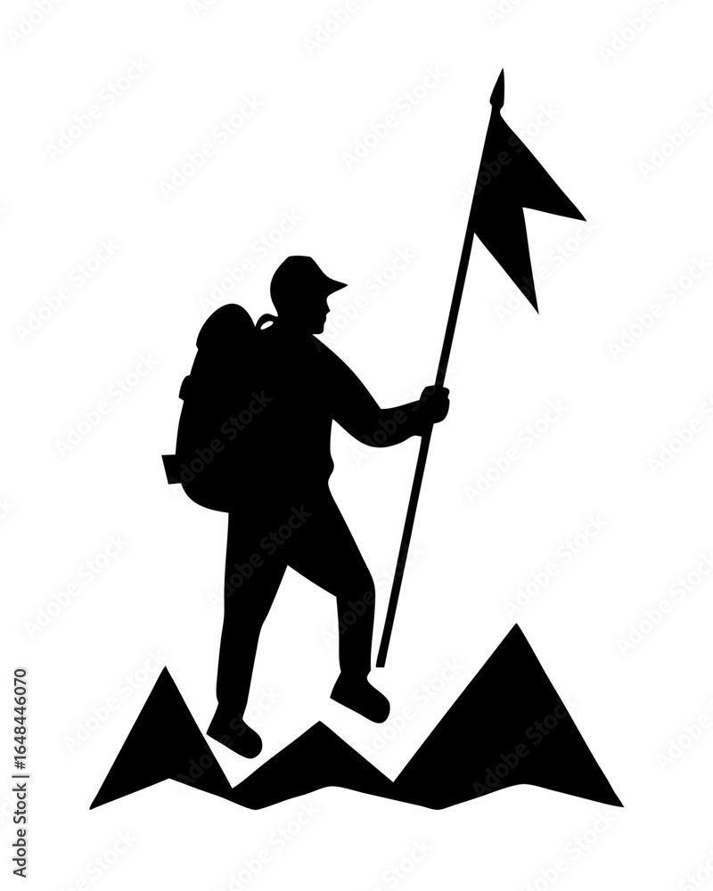 Fototapeta premium Triumphant hiker plants flag atop mountain peak, representing victory and achievement of goals