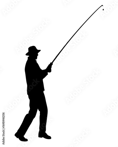 Fisherman silhouette casting line with hat and pole enjoying outdoor recreation activity, a relaxing getaway