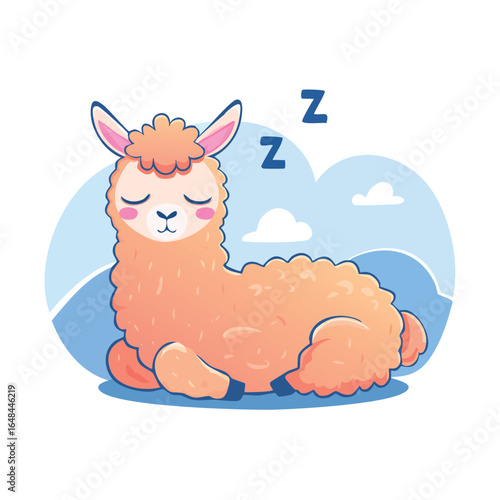 A cute cartoon illustration of a sleeping llama with closed eyes, resting peacefully.