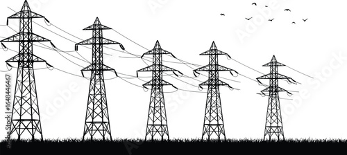 Electric power transmission towers, high voltage pylons, energy lines, rural infrastructure, birds flying, black and white silhouette, utility cables network