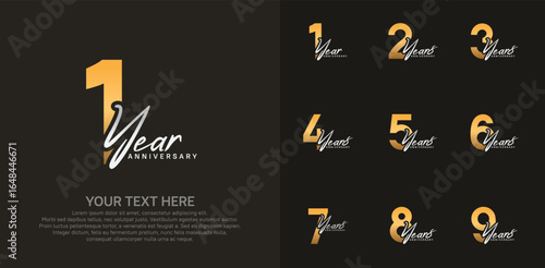 Anniversary logo set vector design, gold and silver color for celebration event