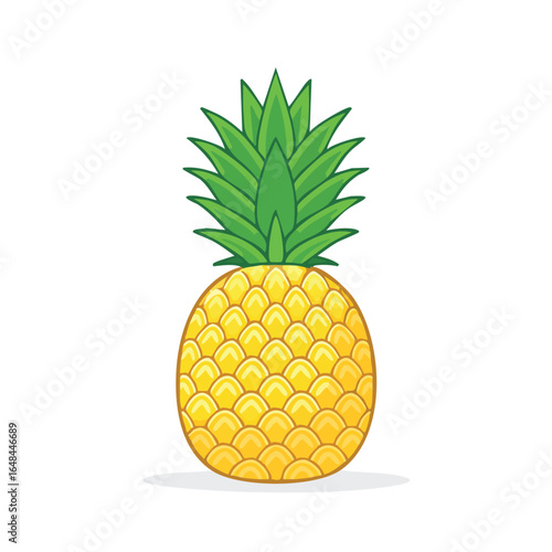 A detailed illustration of a ripe pineapple with a spiky green crown, isolated on white.