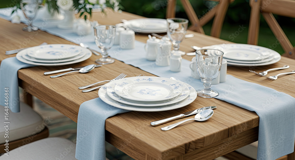 Fototapeta premium Elegant Outdoor Dining Table Setting with Light Blue Linens.