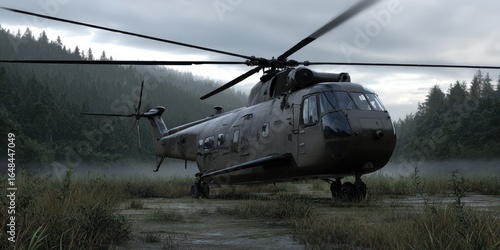 Helicopter Landing in Misty Forest