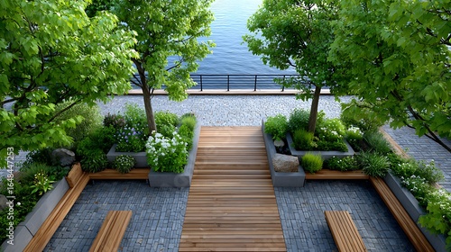 Aerial Perspective of Green Floating Deck Surrounded by Lush Gardens