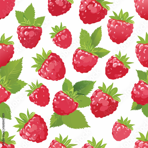 Seamless pattern featuring vibrant red raspberries with green leaves on a white background.