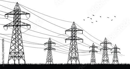 High voltage power transmission towers, electricity pylons and cables, energy infrastructure, black and white silhouette, birds flying background