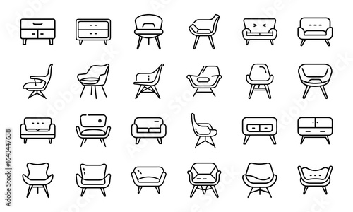 Modern Furniture Icon Set – Minimal Outline Style Chairs, Sofas, Armchairs, and Cabinets for Interior Design and Home Decor.eps