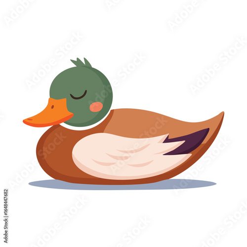 A charming cartoon illustration of a resting duck with closed eyes, showcasing its colorful plumage and serene expression.