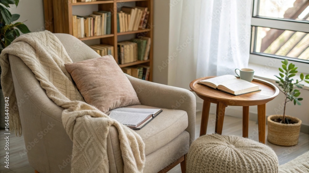 Fototapeta premium Cozy reading nook with armchair, books, and natural light streaming in.