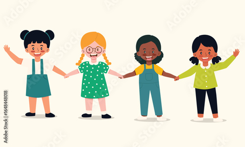 appy Girls of Different Skin Colors Holding Hands