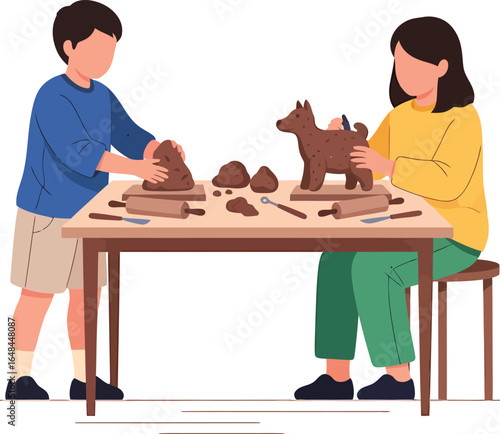 Children sculpting clay animals at a table with tools.