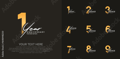 Anniversary logo set vector design, gold and silver color for celebration event