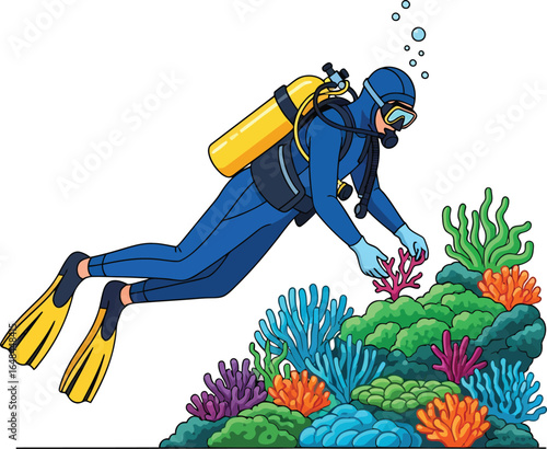 Diver exploring vibrant coral reef with colorful marine life.