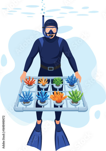 Diver holding a tray of colorful coral fragments for reef restoration.