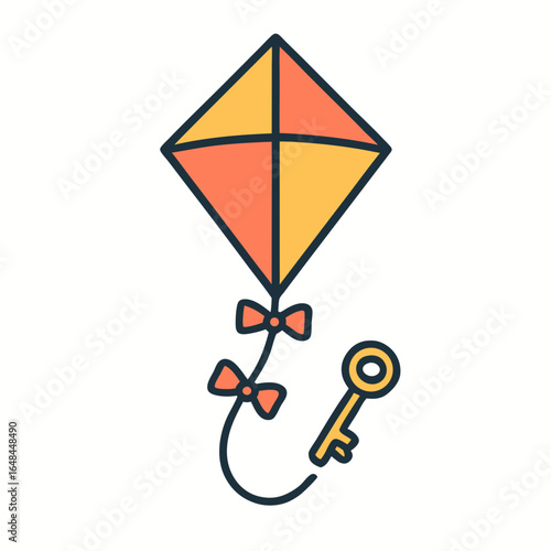 Vibrant cartoon kite with key attached flying high in the air outdoors