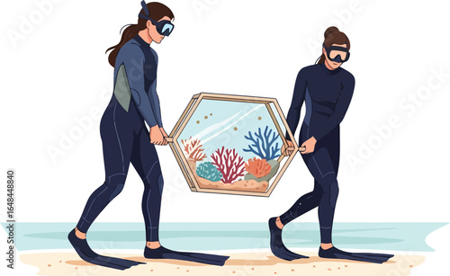 Divers carrying hexagonal aquarium with coral reef.