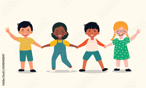 Smiling Children with Diverse Skin Tones Holding Hands