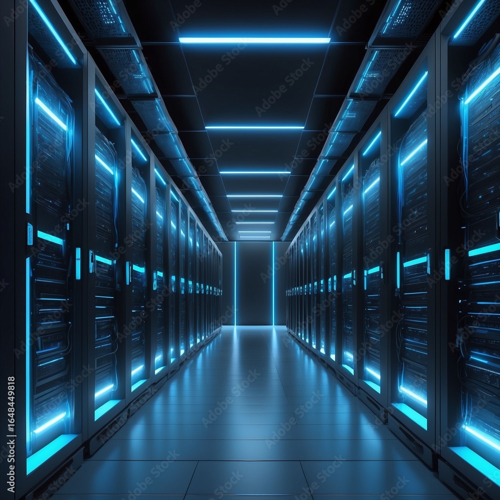 Fototapeta premium Futuristic Data Center Aisle Cobalt–Cyan 1:1