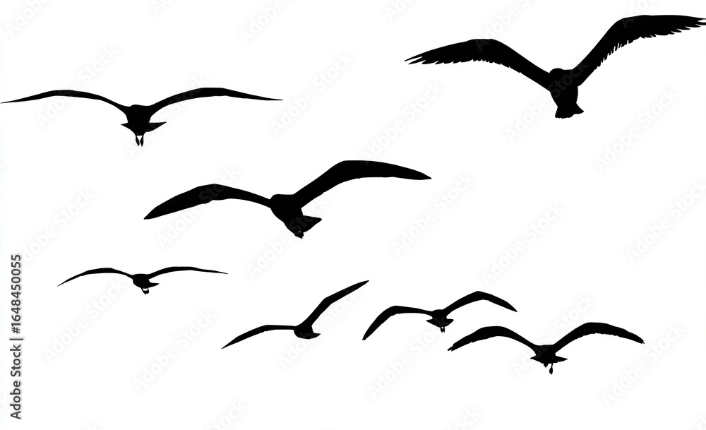 Naklejka premium Silhouettes of multiple seagulls in flight against a plain white background