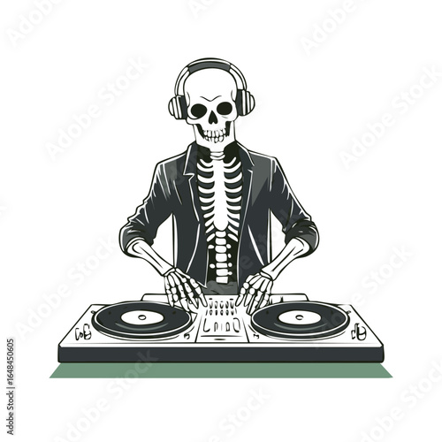 A detailed illustration of a skeleton wearing headphones and mixing music on turntables.