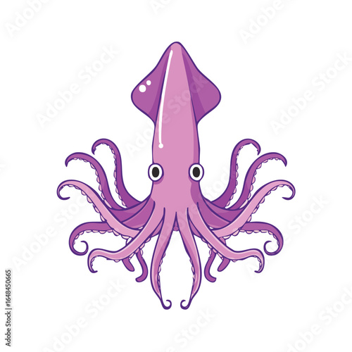 Detailed illustration of a vibrant purple squid with prominent tentacles and large eyes.