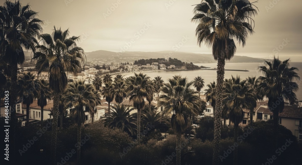 Obraz premium Tropical Coastal Town with Palm Trees and a Distant Island
