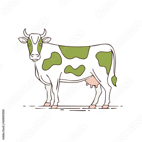 Detailed illustration of a white cow with green spots, standing on the ground, facing forward.
