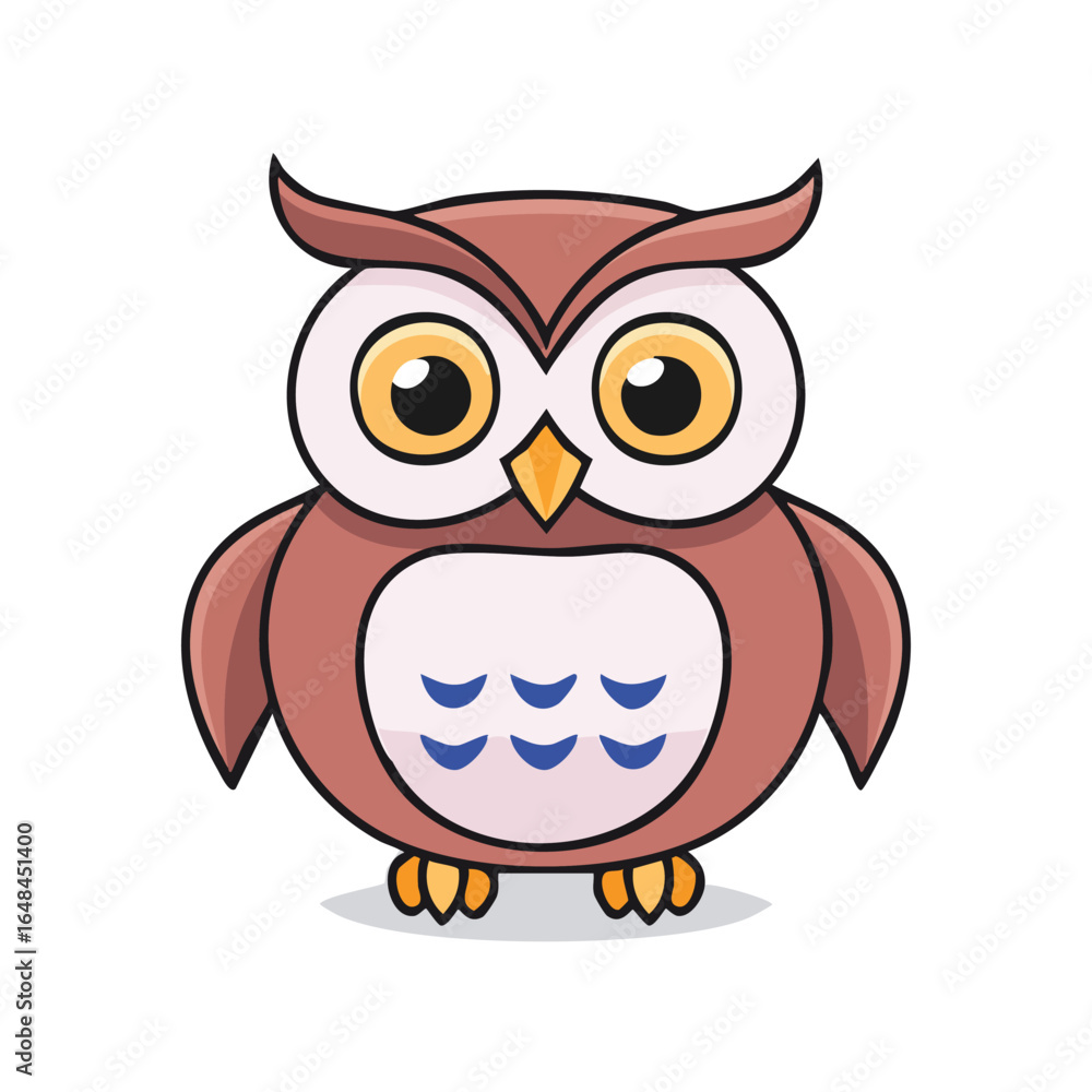 Fototapeta premium Charming cartoon owl illustration with big eyes, brown feathers, and a cute expression.