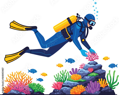Scuba diver exploring vibrant coral reef with tropical fish.