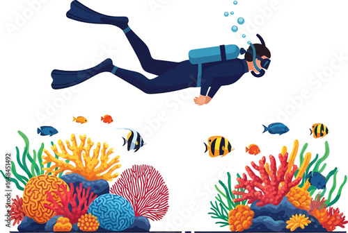 Scuba diver exploring vibrant coral reef with colorful fish.