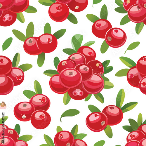 Vibrant illustration of fresh cranberries with green leaves scattered on a white background.