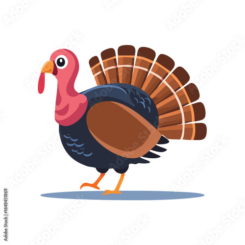 A colorful cartoon illustration of a turkey with detailed feathers and a red wattle.