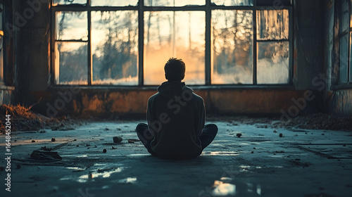 Man meditating alone in abandoned building for mental health and wellness mindfulness and inner peace concept