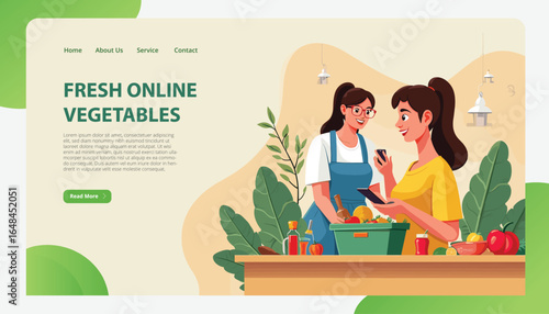 Fresh Online Vegetables: A vibrant digital illustration showcasing two individuals, preparing a selection of fresh, organic vegetables against a soft, green-toned backdrop.
