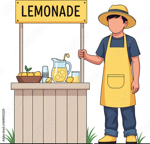 Young boy selling fresh lemonade from a wooden stand.
