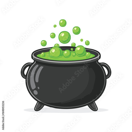Cartoon illustration of a black cauldron filled with bubbling green potion, with floating bubbles.