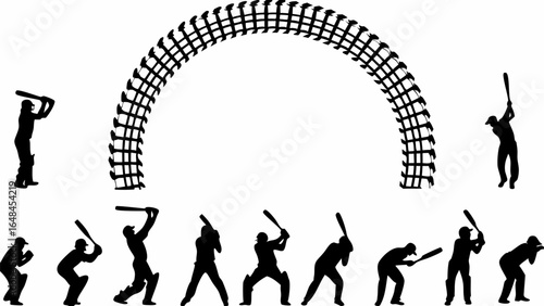 Silhouette illustration showing cricket players in various batting stances with a wicket arch above them