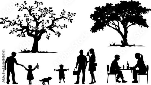 Silhouette of people enjoying leisure time under trees with picnic and family activities in black and white